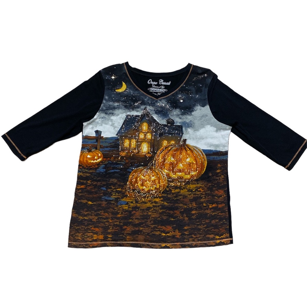 Onque Casuals Halloween Haunted House Three Quarter Sleeve Top Embellished Shirt
